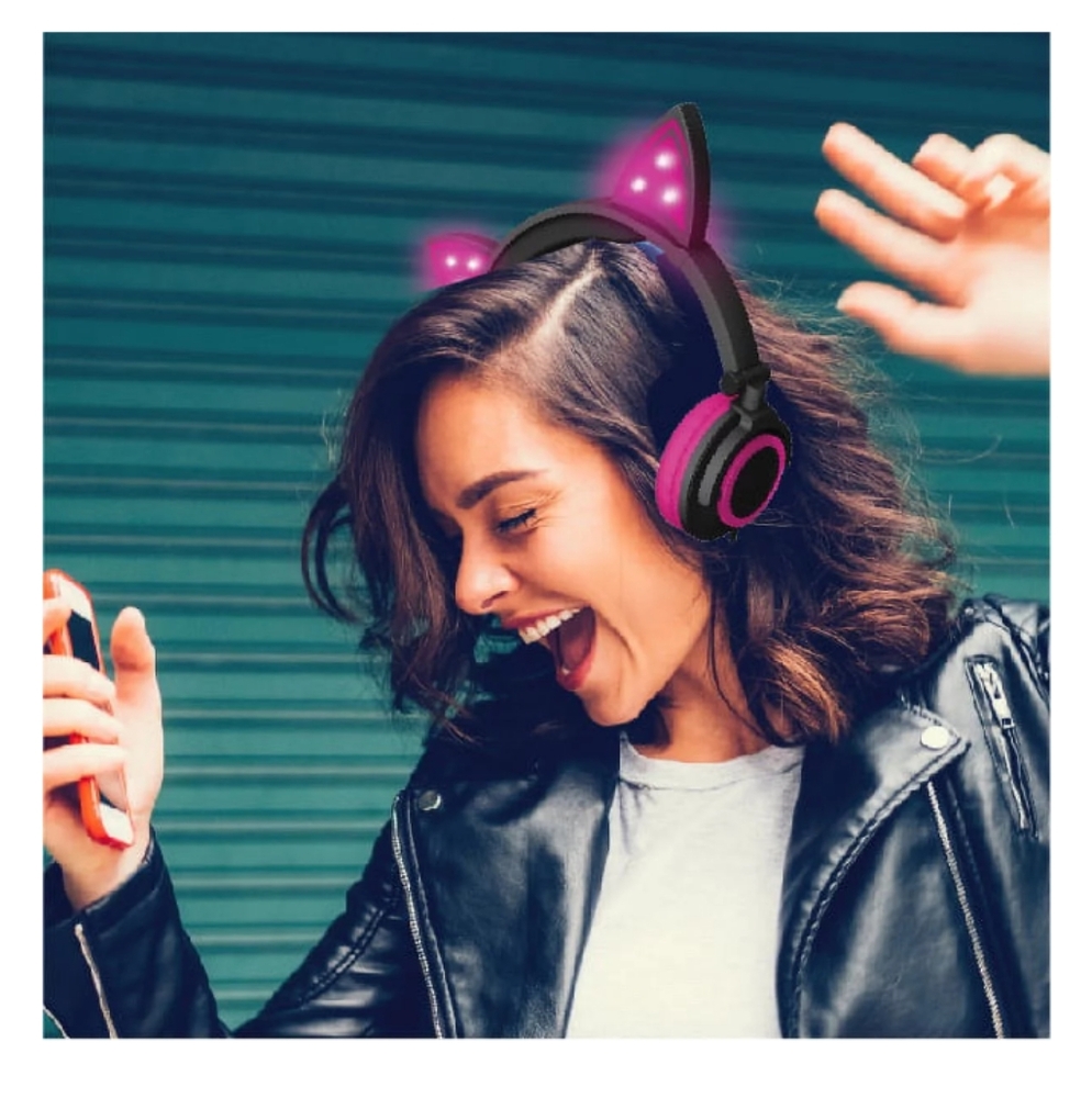 Ledeez Wired Pink LED Cat Ear Foldable Headphones with 3.5mm Jack Plug